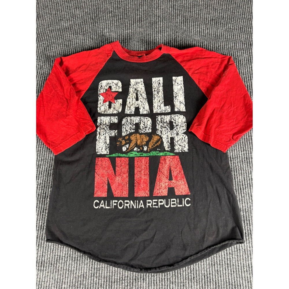 California Republic Raglan Baseball Tee Black Red Bear Graphic Shirt 3/4 Sleeve